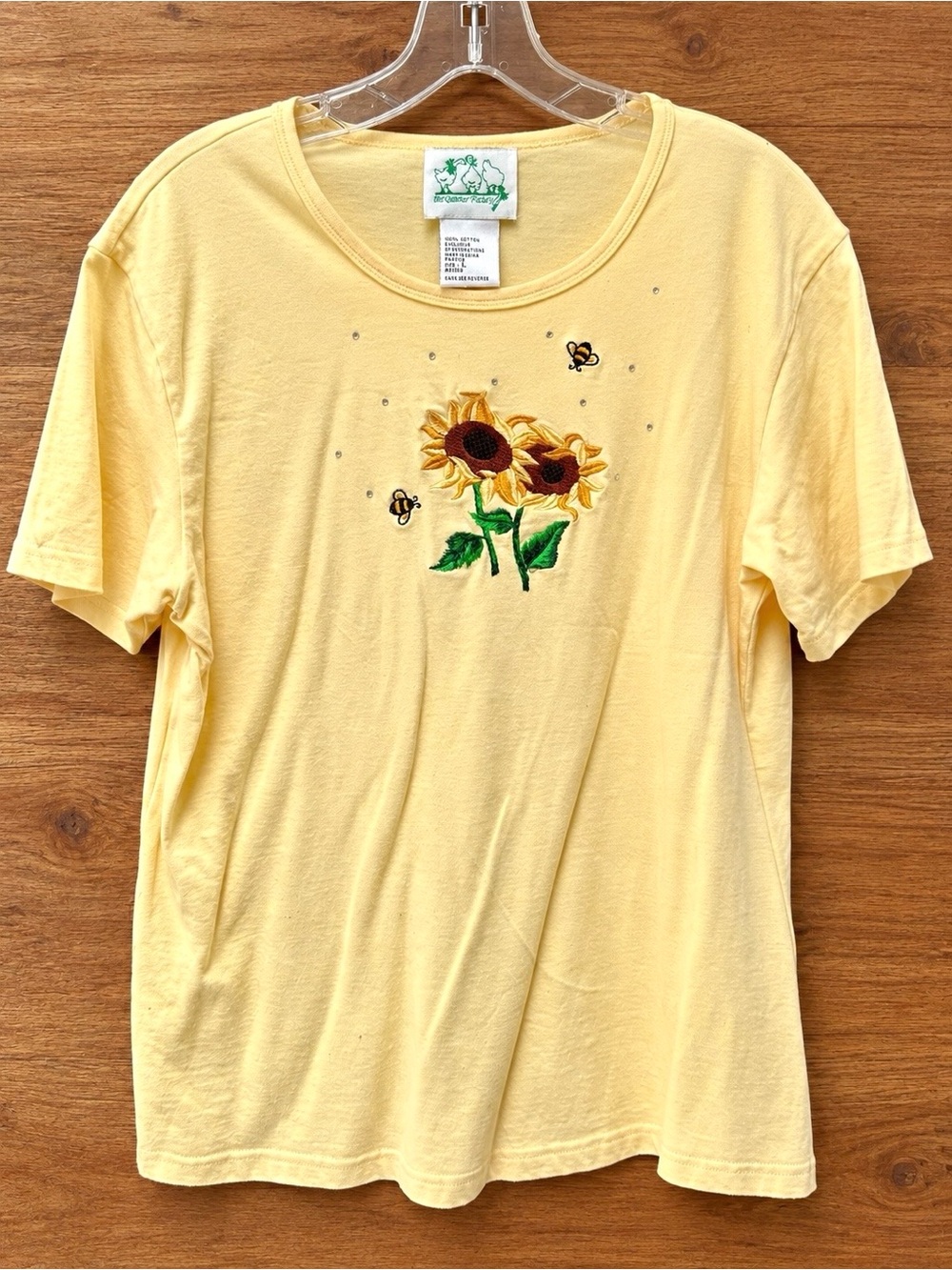 Quacker Factory Women's L Yellow Sunflower Bee Rhinestone Cotton Knit T-Shirt